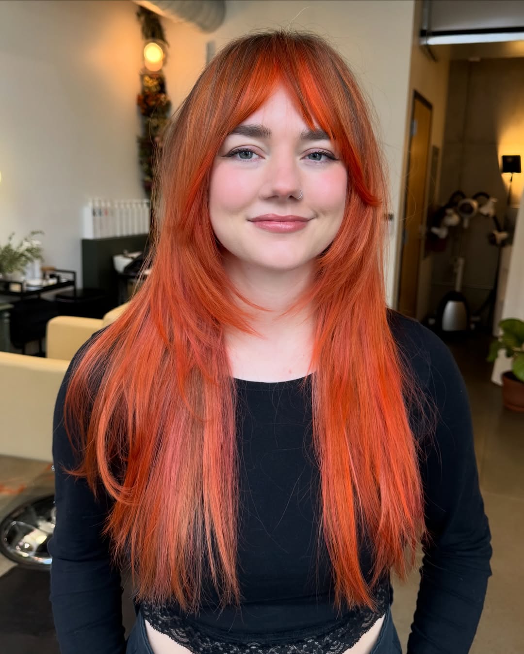 Vibrant Copper Red Shag With Curtain Bangs