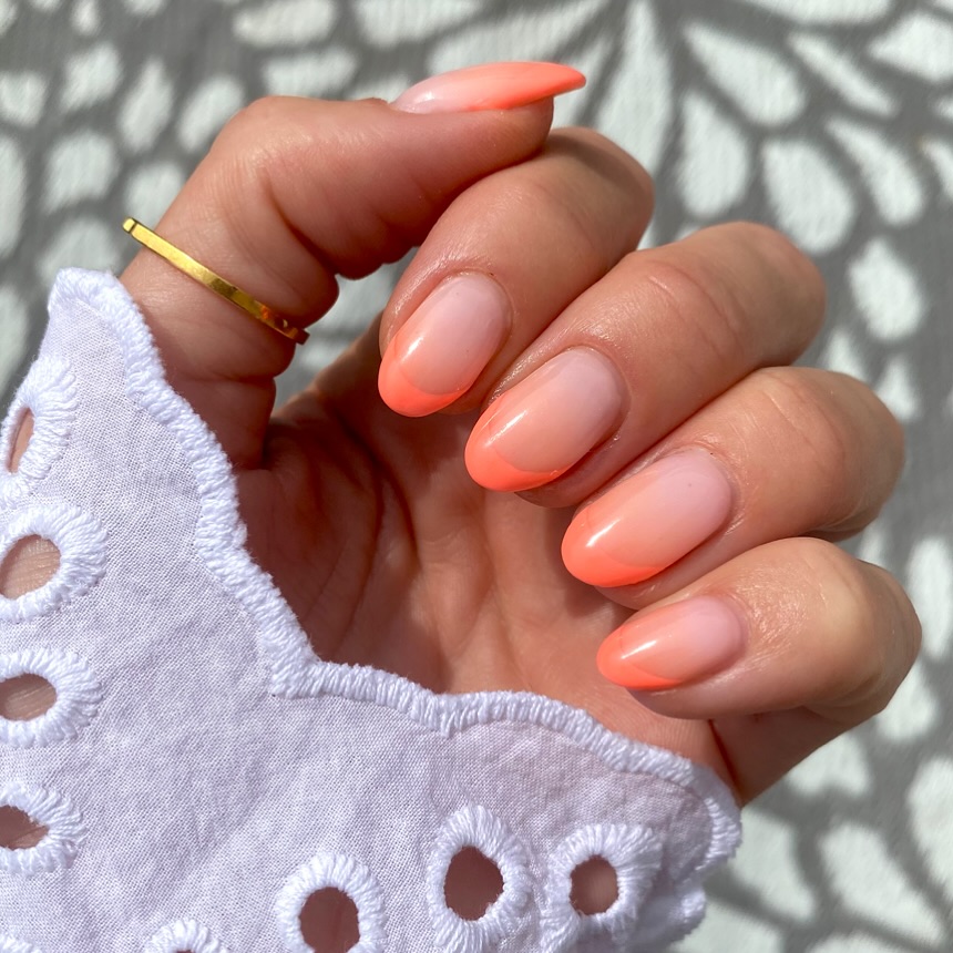 Vibrant Coral Ombre French Almond Nails