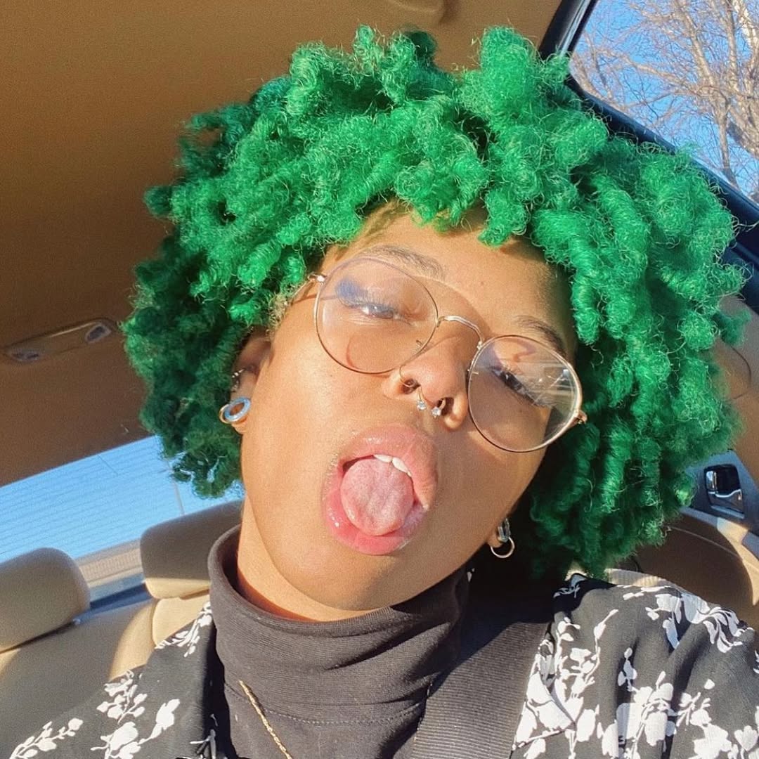 Vibrant Emerald Coily Pixie With Dark Roots