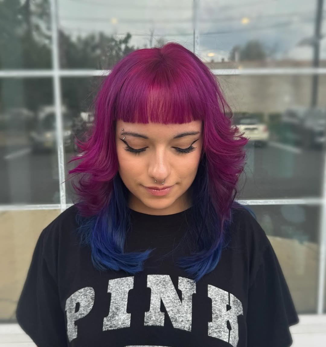 Vibrant Fuchsia And Blue Dip Dye Shag With Bangs