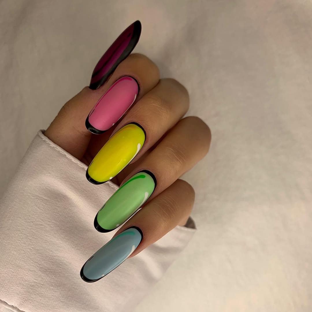 Vibrant Glossy Pop Art Mismatched Coffin Nails