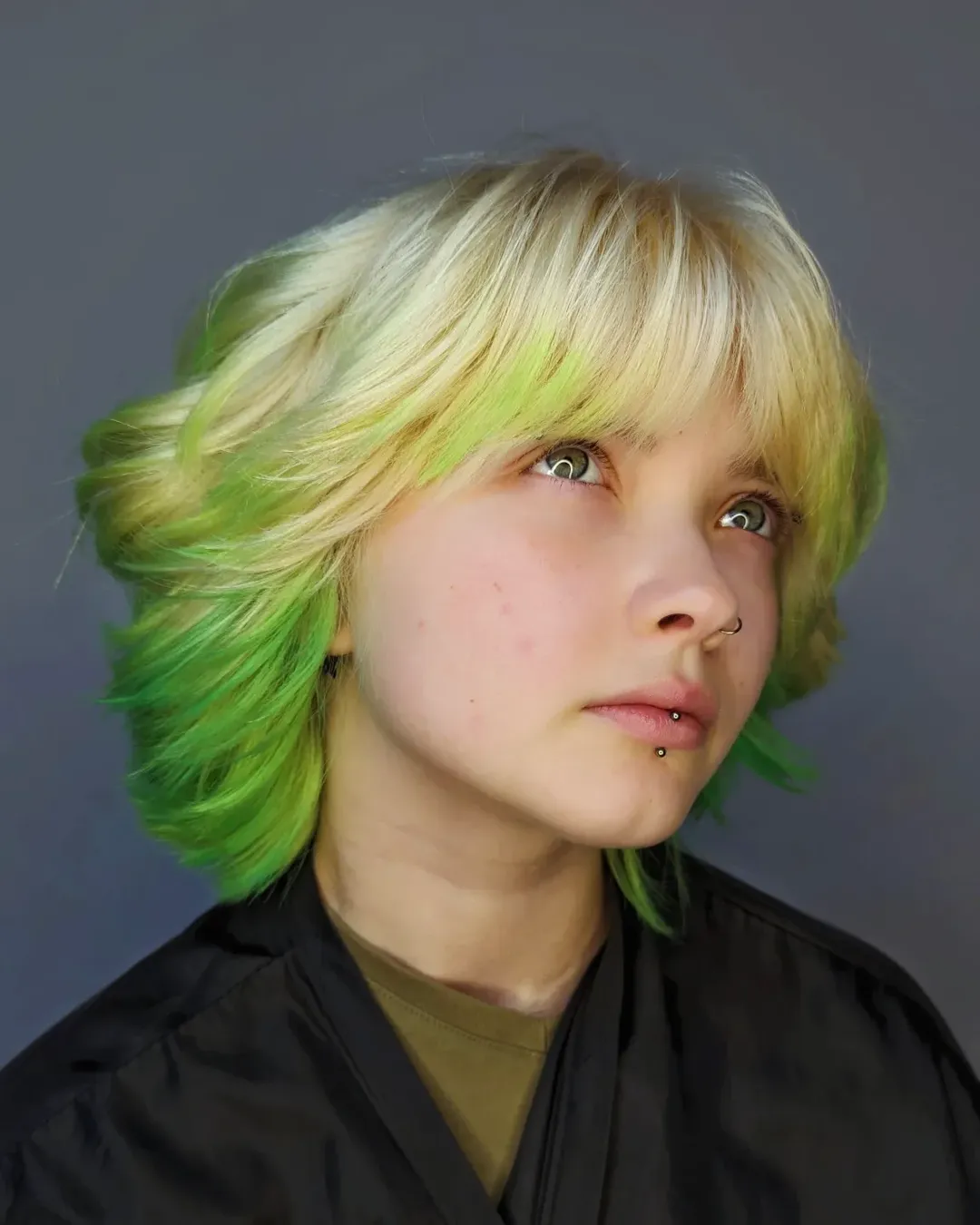 Vibrant Green Peekaboo Platinum Blonde Shag
