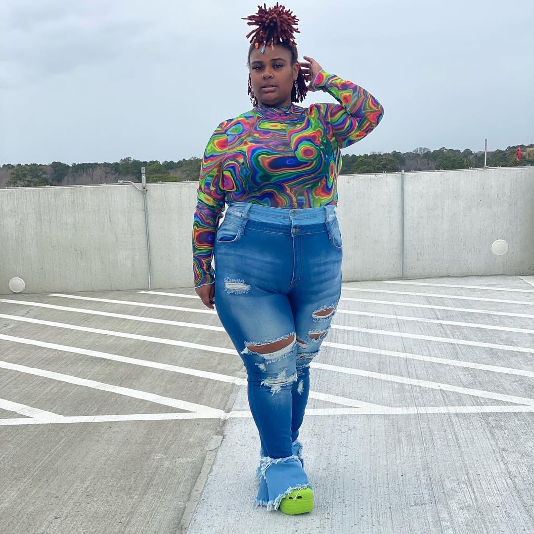 Vibrant Mesh Top With Distressed Denim