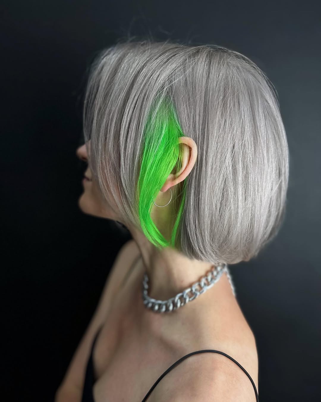 Vibrant Neon Green Peekaboo On Platinum Bob