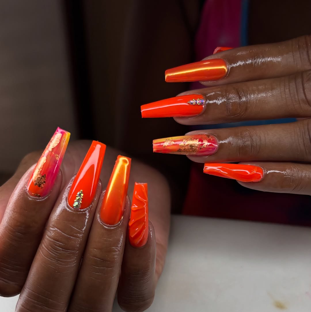 Vibrant Orange Coffin Nails with Fire Ombre and Foils