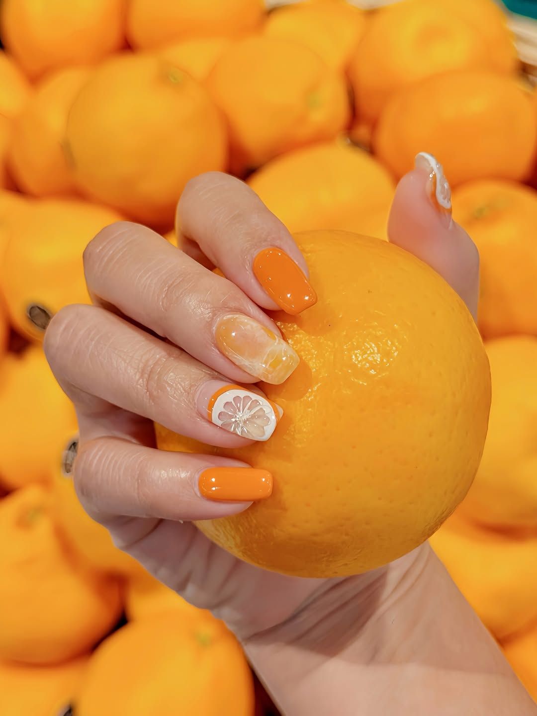 Vibrant Orange Lemon Slice Accent Glossy Squoval Nails