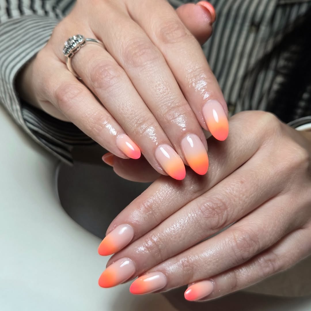 Vibrant Orange Ombre Almond Nails
