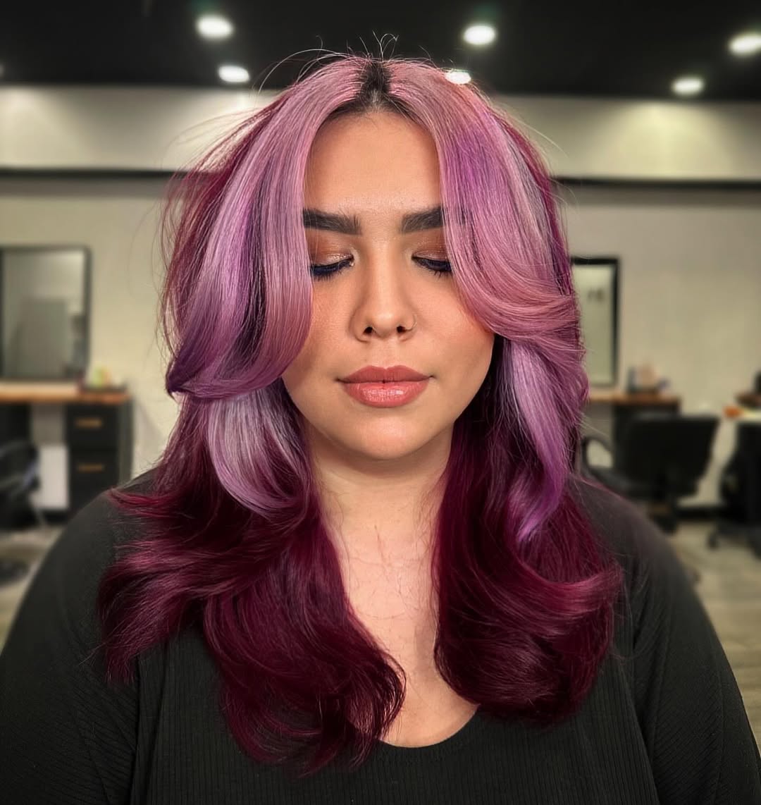 Vibrant Purple Ombre With Curtain Bangs