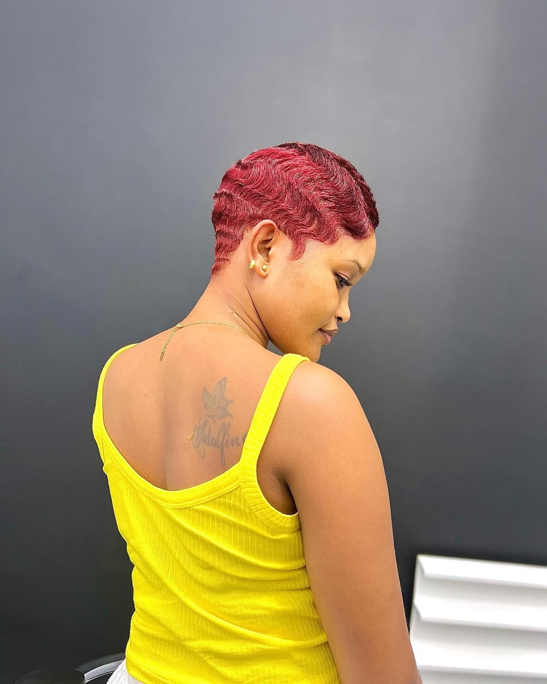 Vibrant Red Finger Waves Edgy Pixie Cut