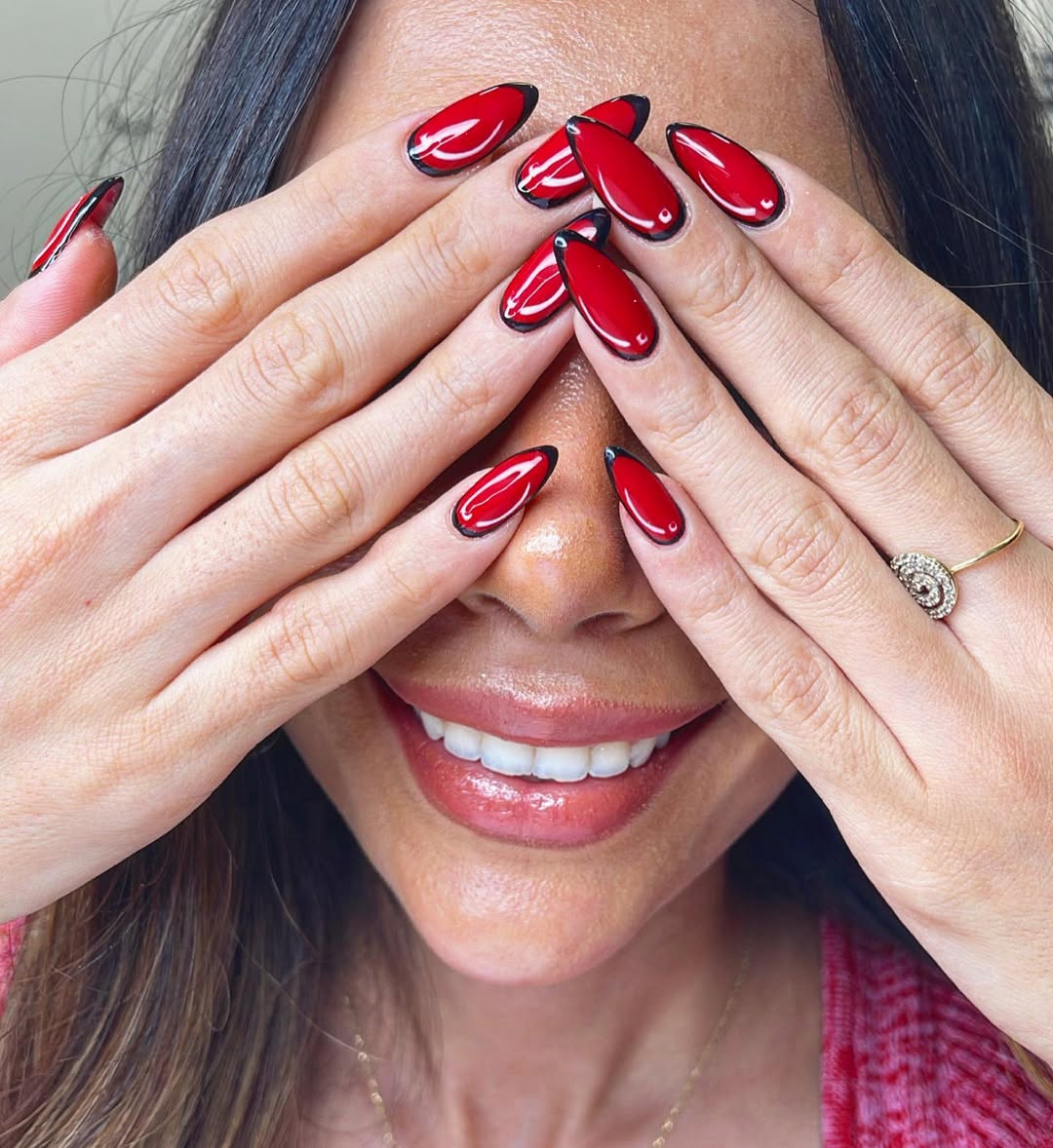 Vibrant Red Outline Glossy Cartoon Nails