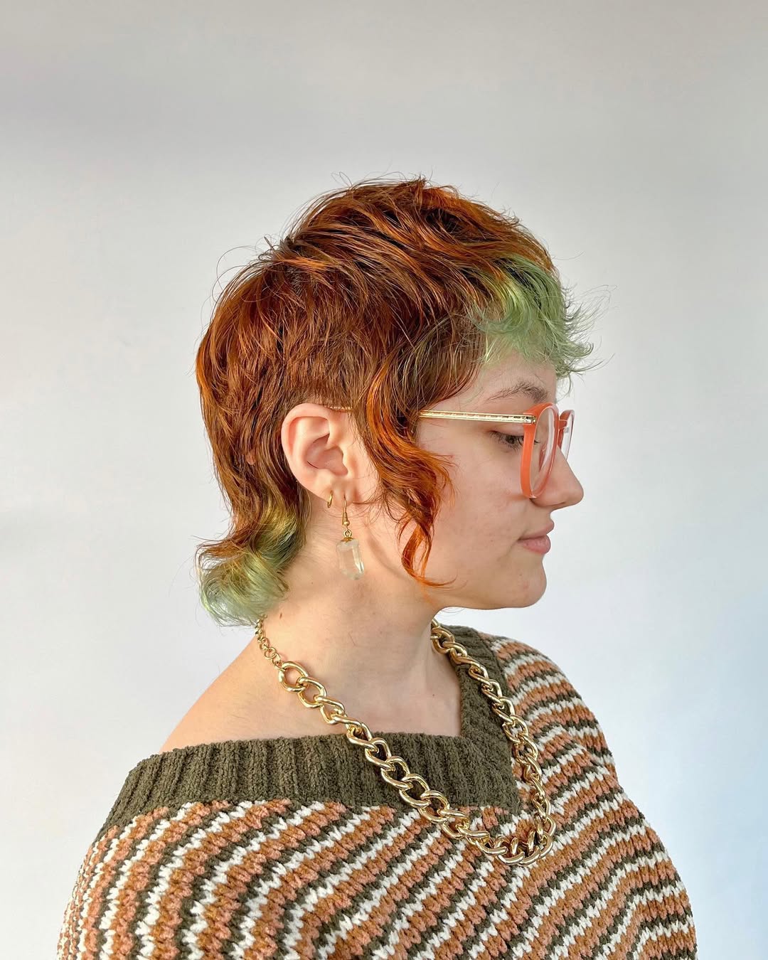 Vibrant Red Shag With Green Peekaboo Bangs