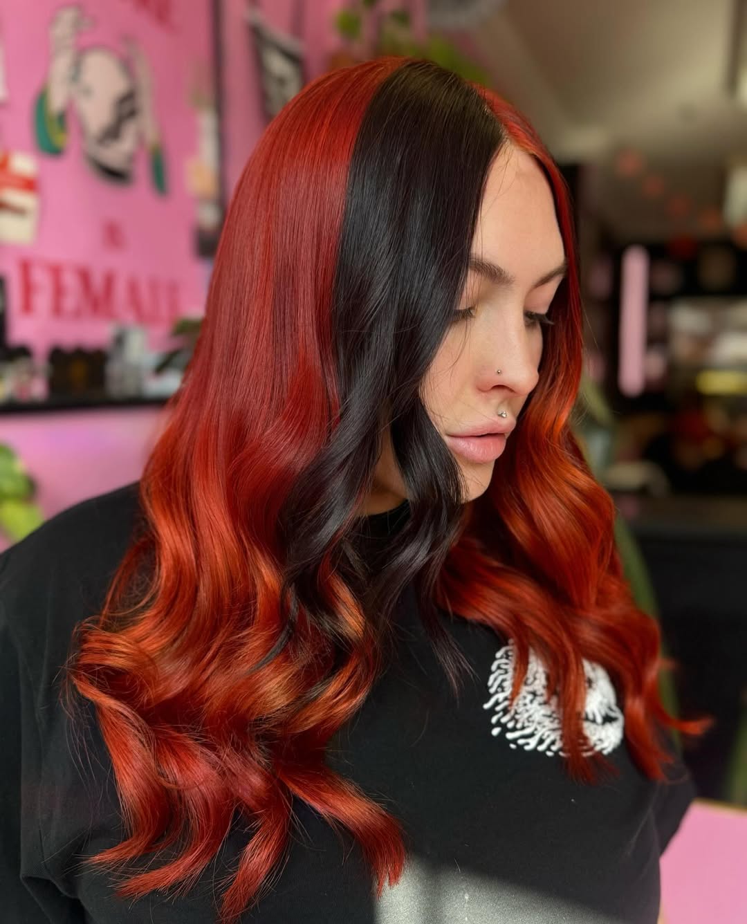 Vibrant Red Two-Toned Hair With Deep Auburn Waves