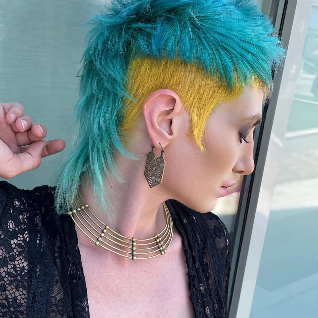 Vibrant Teal and Yellow Mullet Cut
