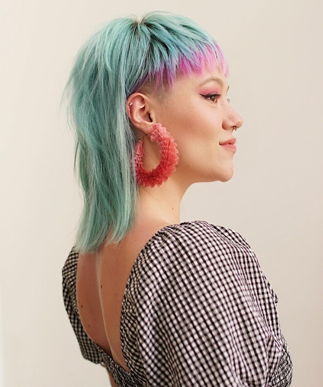 Vibrant Teal Mullet With Hot Pink Micro Bangs