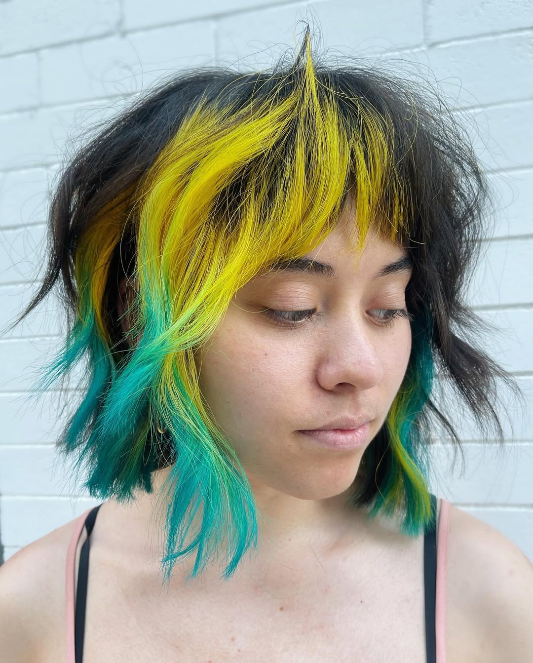 Vibrant Yellow and Teal Shag with Textured Micro Bangs