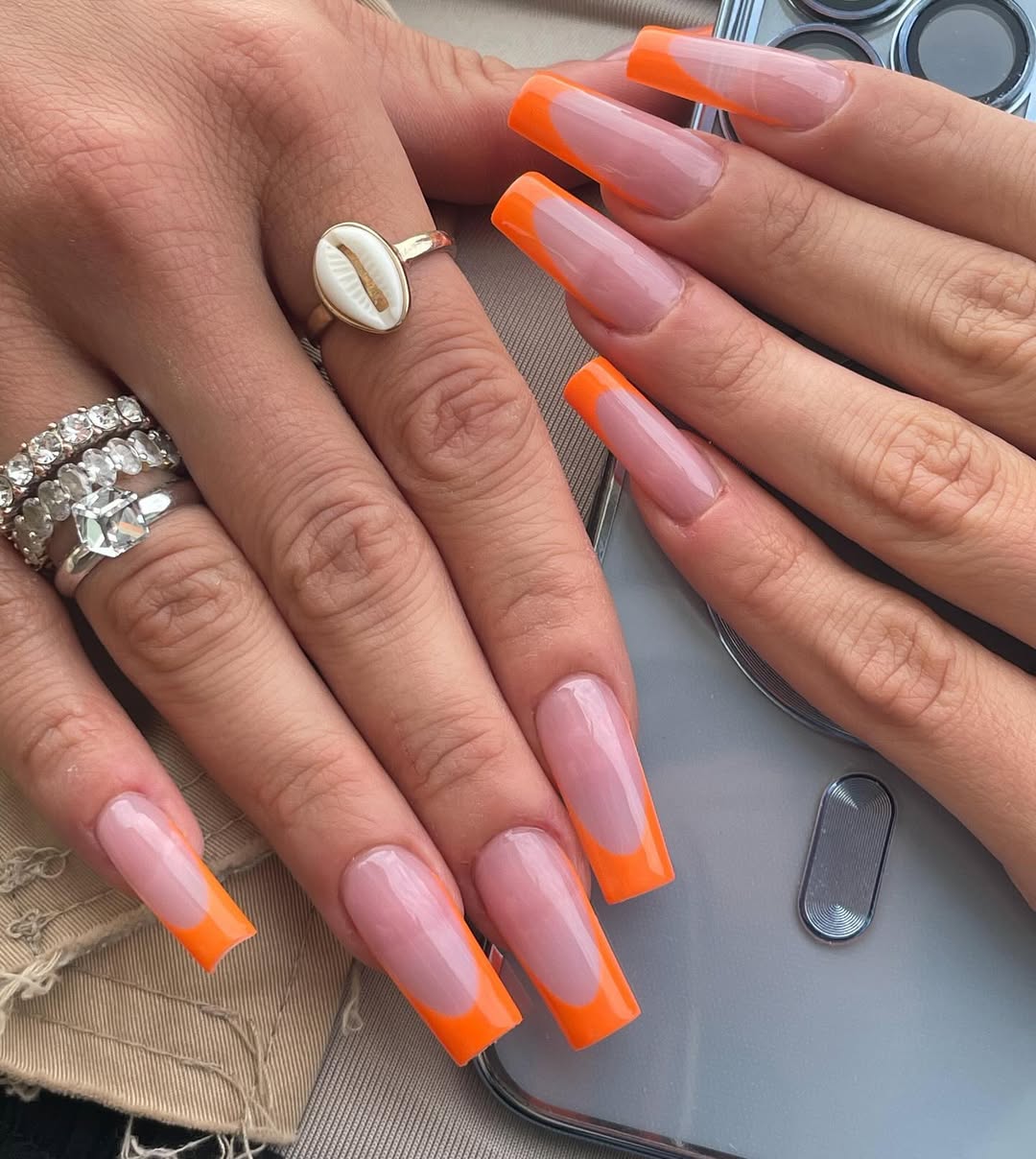 Vivid Orange French Tip Long Square Nails