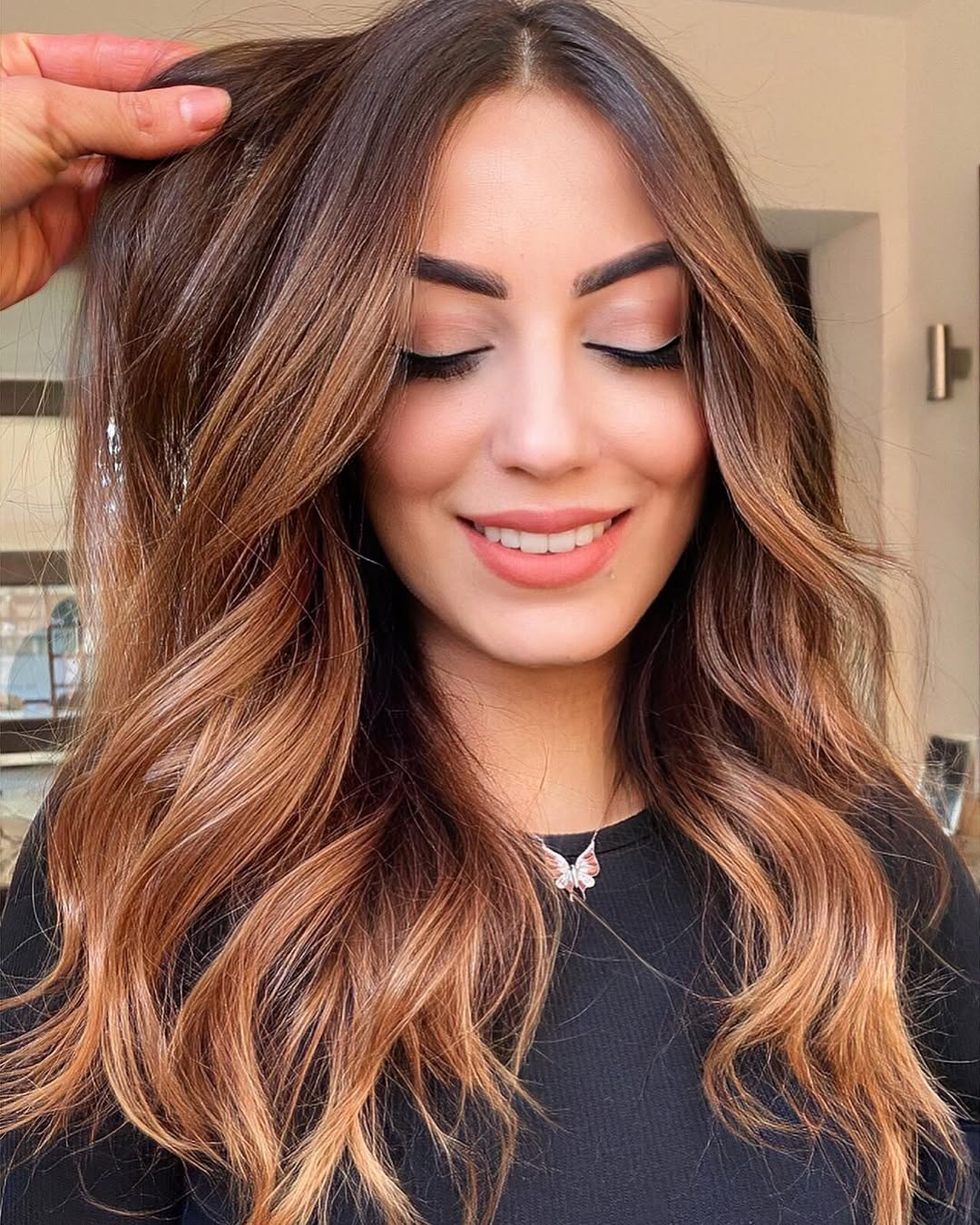 Warm Cinnamon Swirl Balayage On Wavy Layers