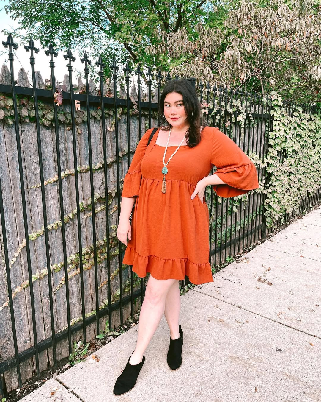 Warm Rust Babydoll Dress With Black Booties
