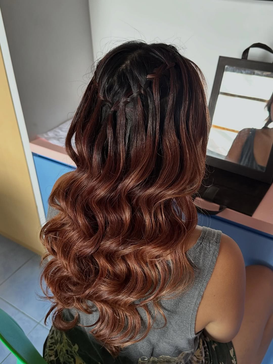 Waterfall Braid With Wavy Auburn Ombre Hair