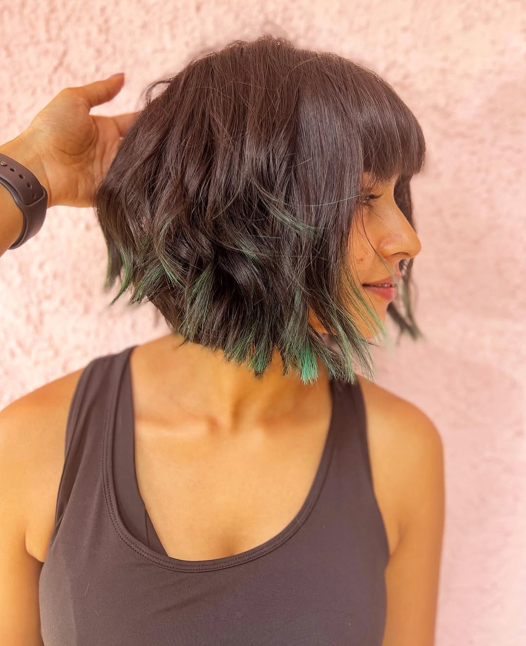 Wavy Bob With Micro Bangs And Teal Ends