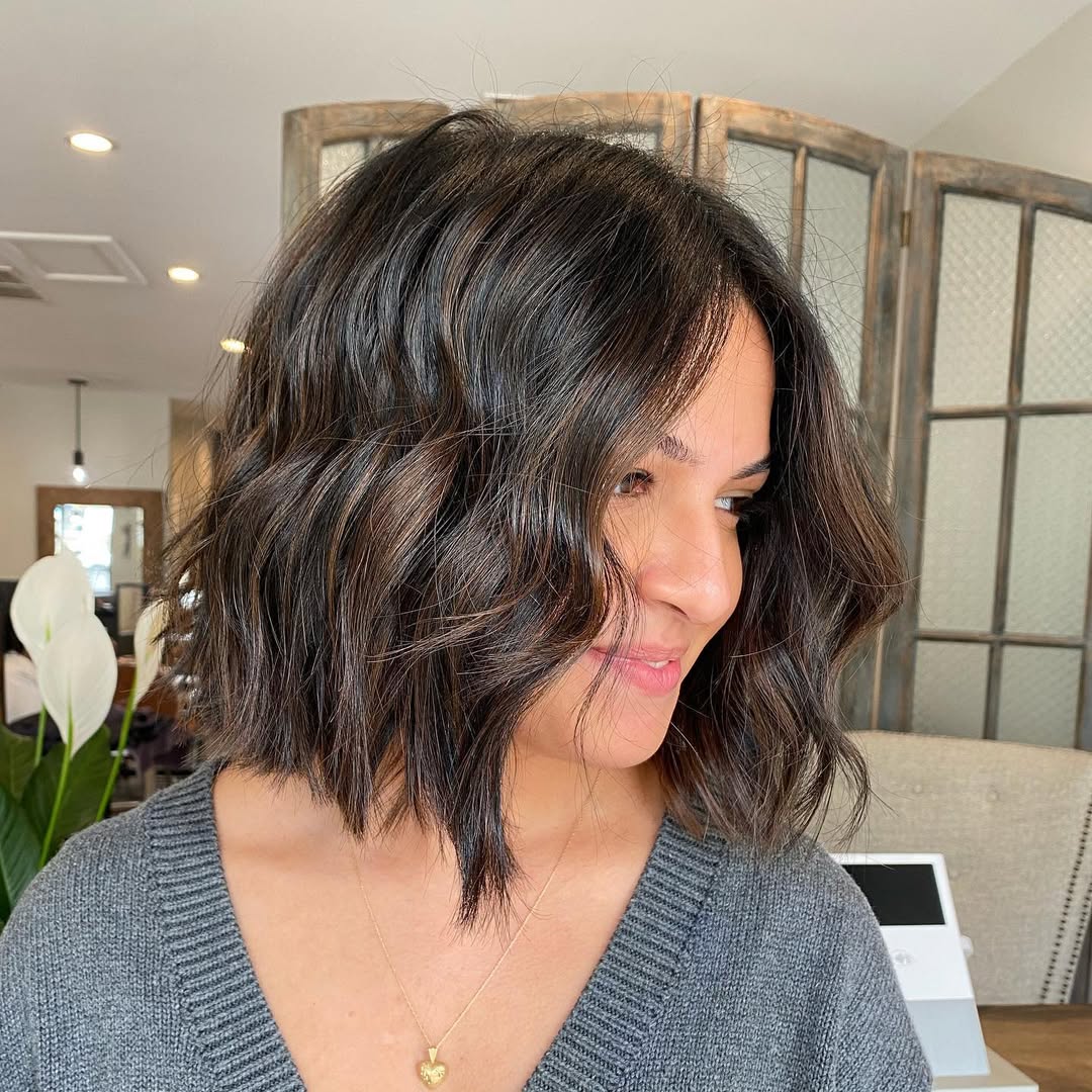Wavy Chocolate Brunette Collarbone Lob With Subtle Highlights