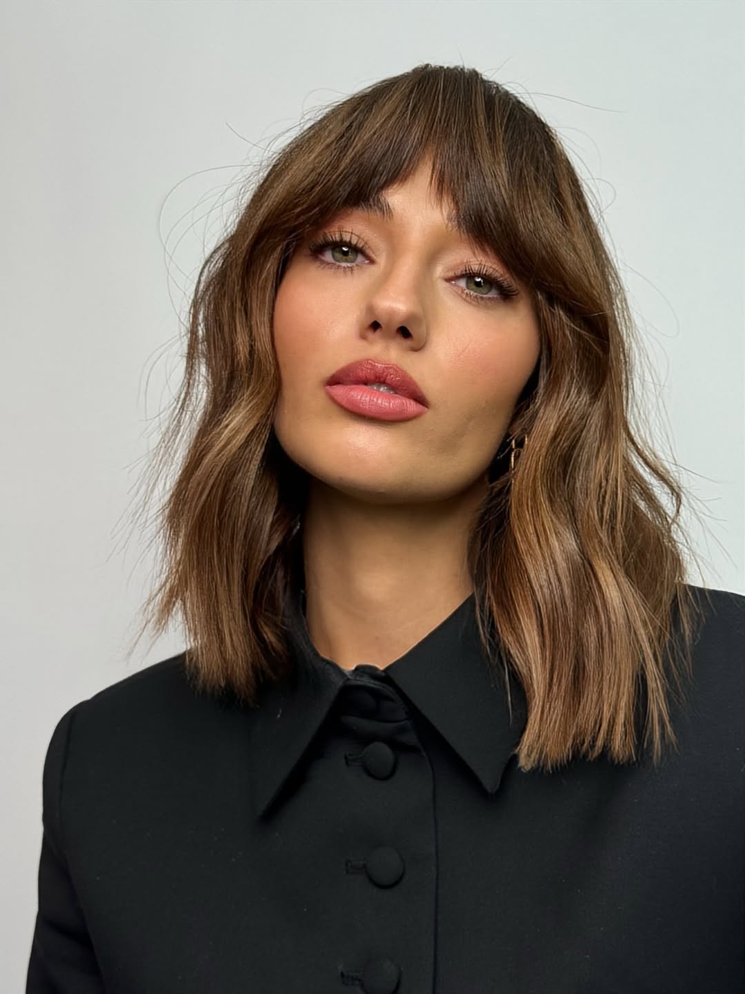 Wavy Chocolate Brunette Lob With Wispy Bangs