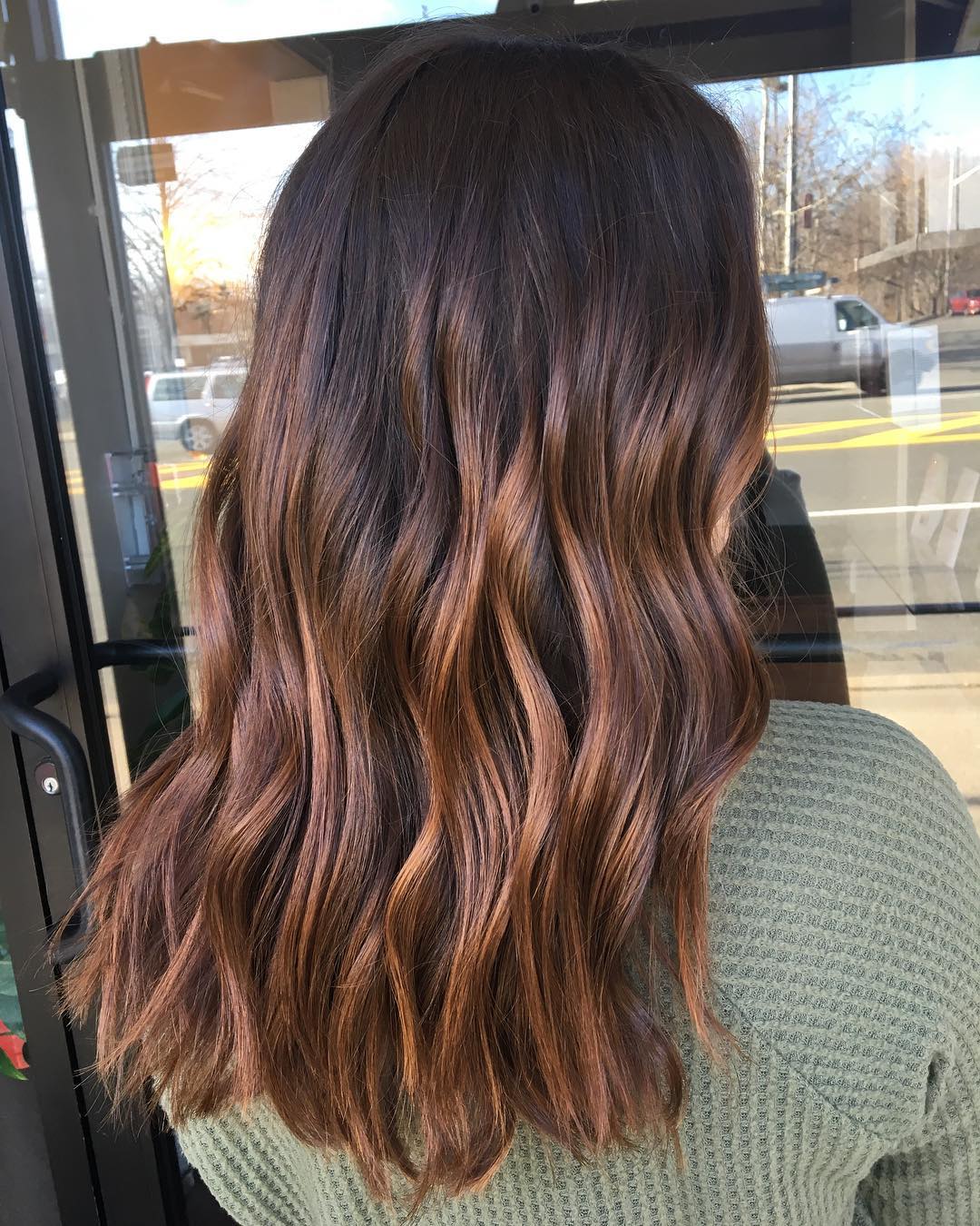Wavy Cinnamon Balayage On Brunette Mid-Length Hair