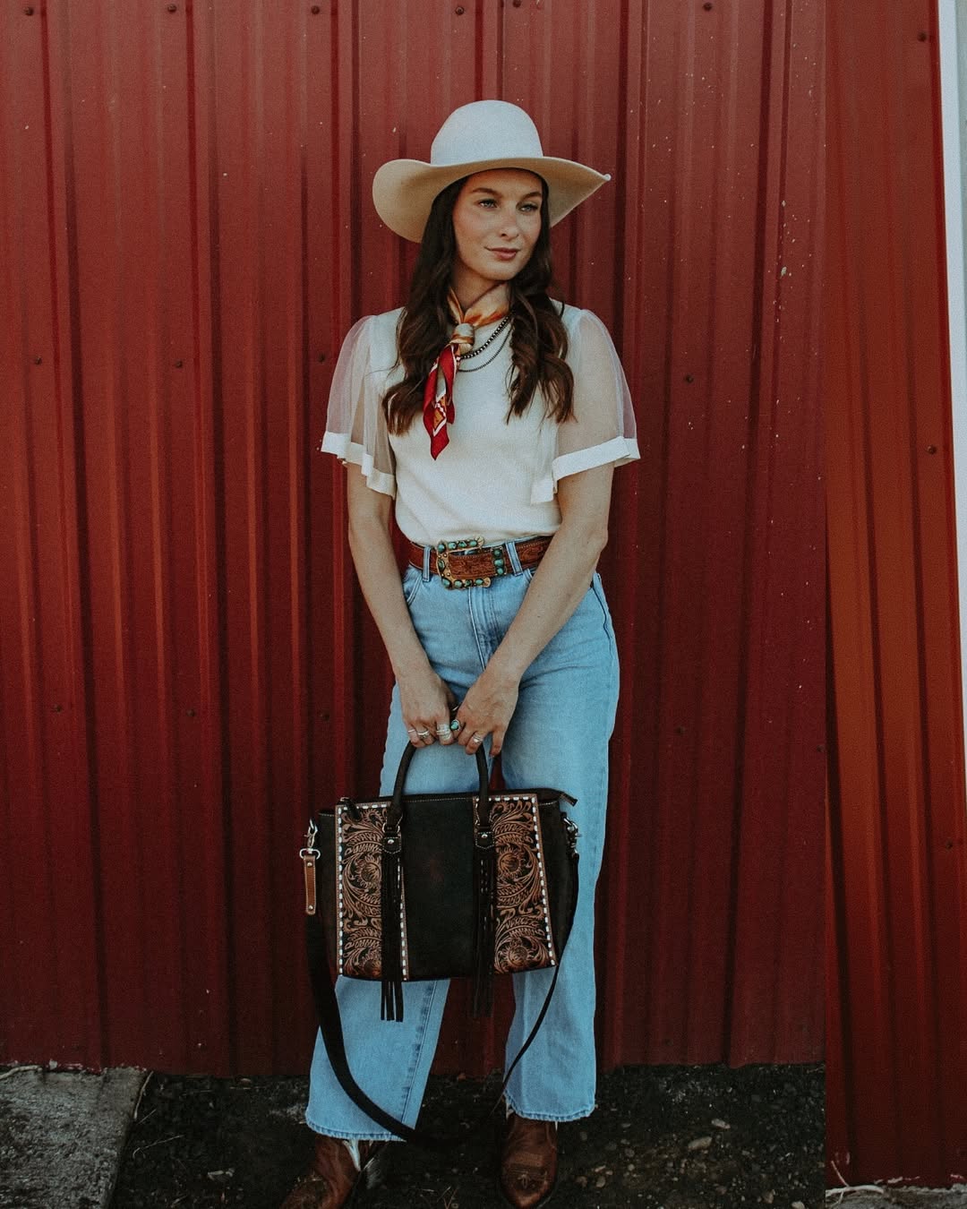Western Chic: Light Wash Denim With Tulle Sleeve Top