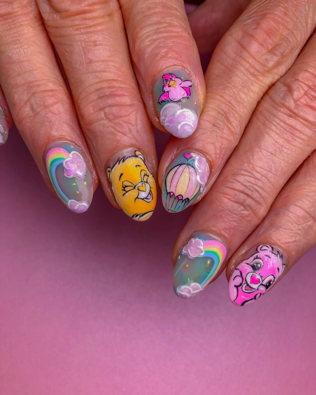 Whimsical Cartoon Character Glossy Almond Nails