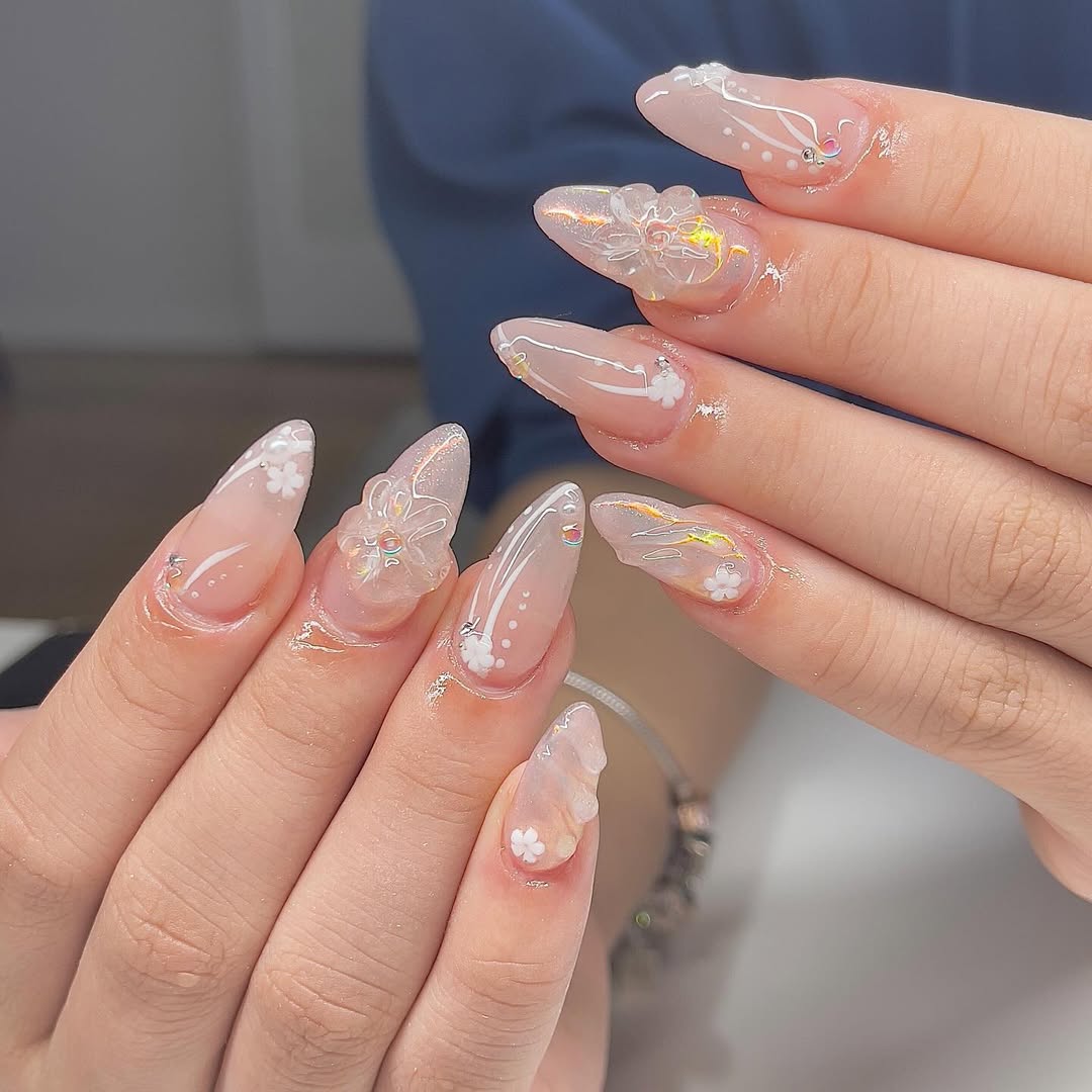 Whimsical Clear White Flowers 3D Abstract Long Almond Nails