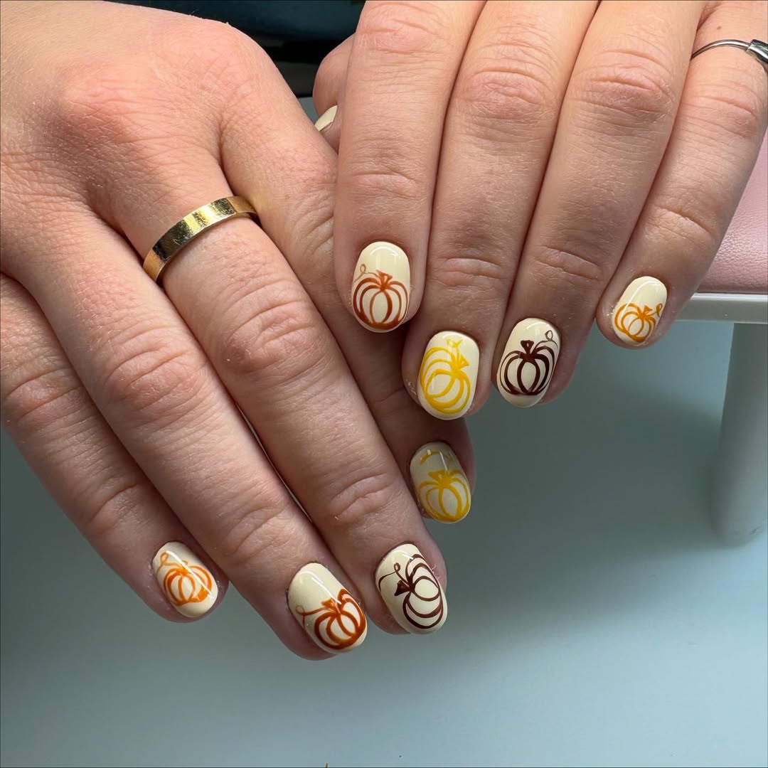 Whimsical Cream Pumpkin Outlined Short Oval Nails