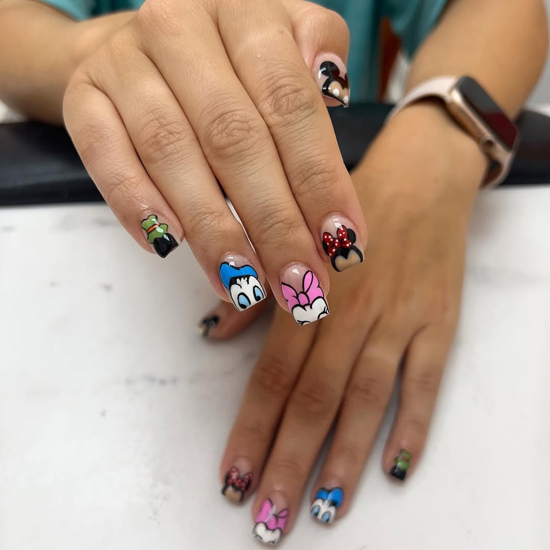 Whimsical Disney Character Square Gel Nails with Glossy Finish