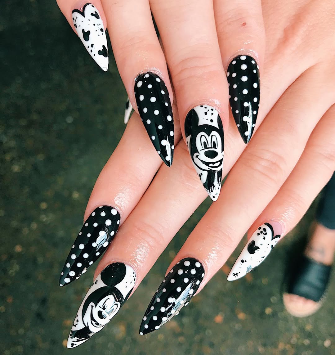 Whimsical Mickey Mouse Black and White Stiletto Nails