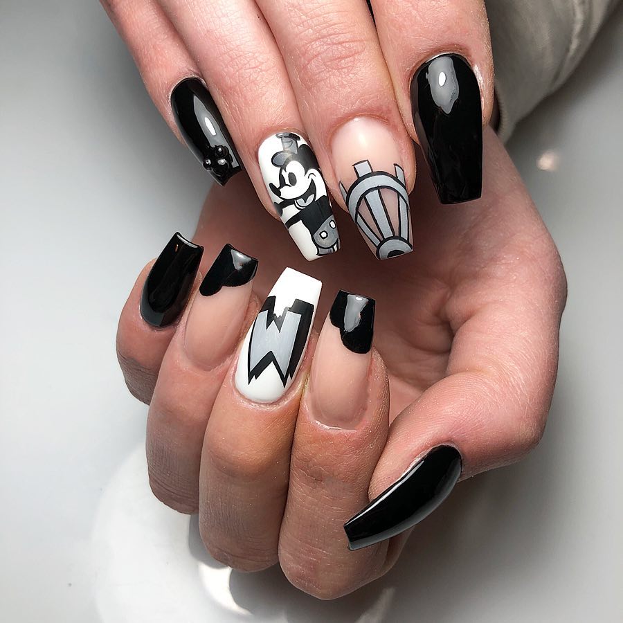 Whimsical Mickey Mouse Coffin Nails with 3D Accents