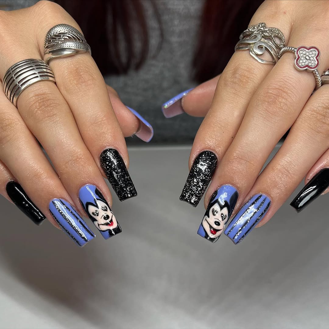 Whimsical Mickey Mouse Glitter Black Coffin Nails