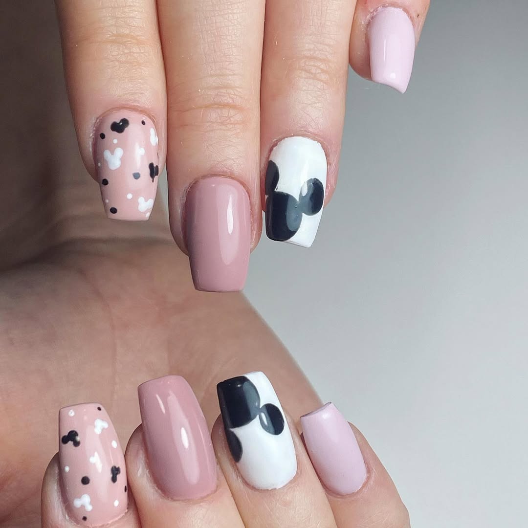 Whimsical Mickey Mouse Pink and White Coffin Nails