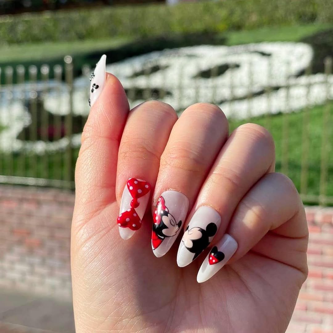 Whimsical Minnie Mouse Character Art Almond Nails