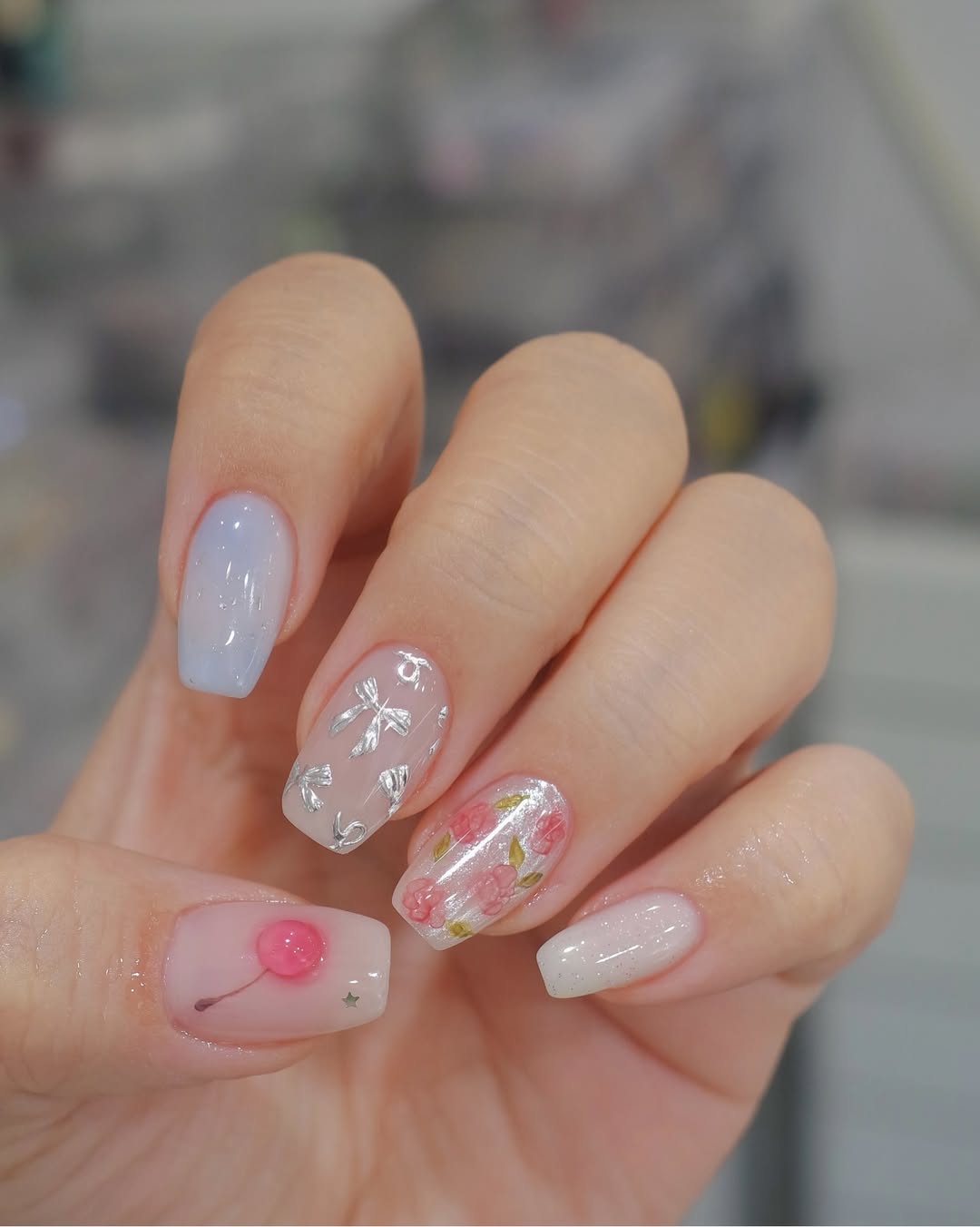Whimsical Pastel Cherry Bow Floral Pink Glitter