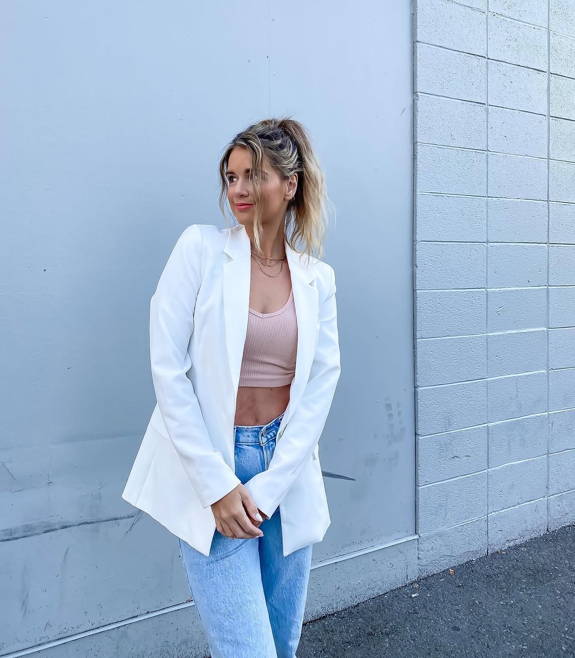 White Blazer Pink Tank Light Wash Denim Balance