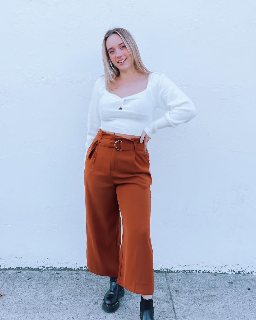 White Crop Sweater With Terracotta Wide Leg Pants