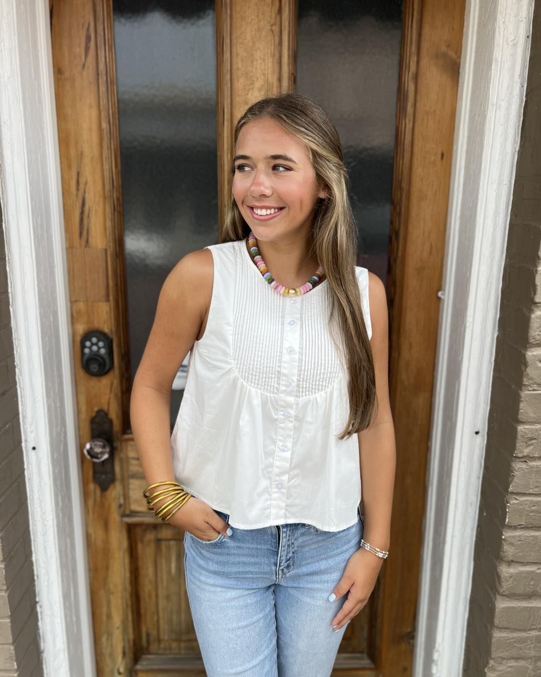 White Pintuck Top With Light Wash Jeans