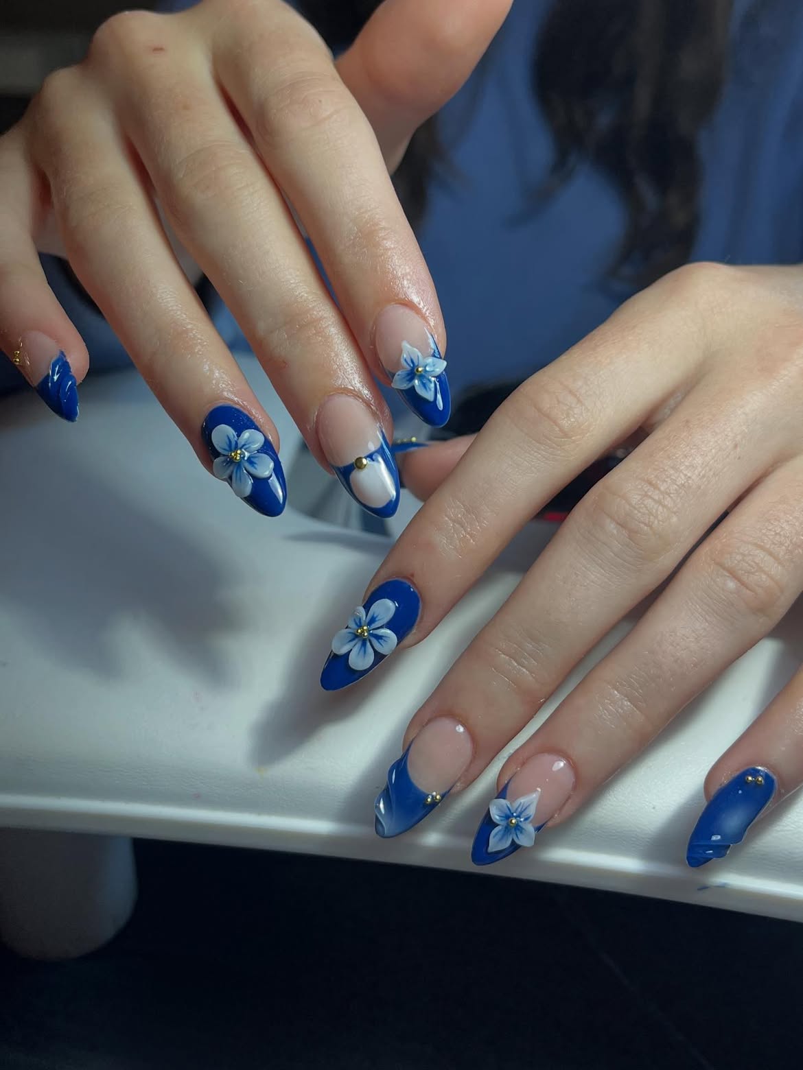 3D Blue Floral Almond French Tip Nails