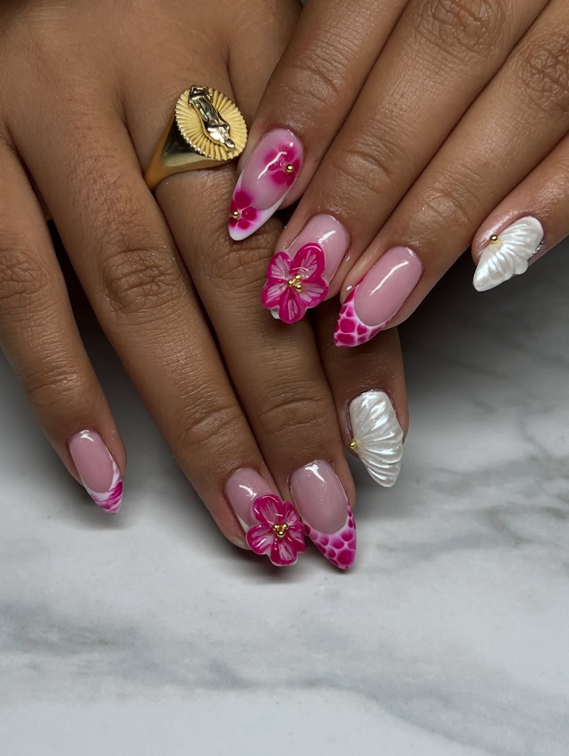 3D Floral French Accent Nails