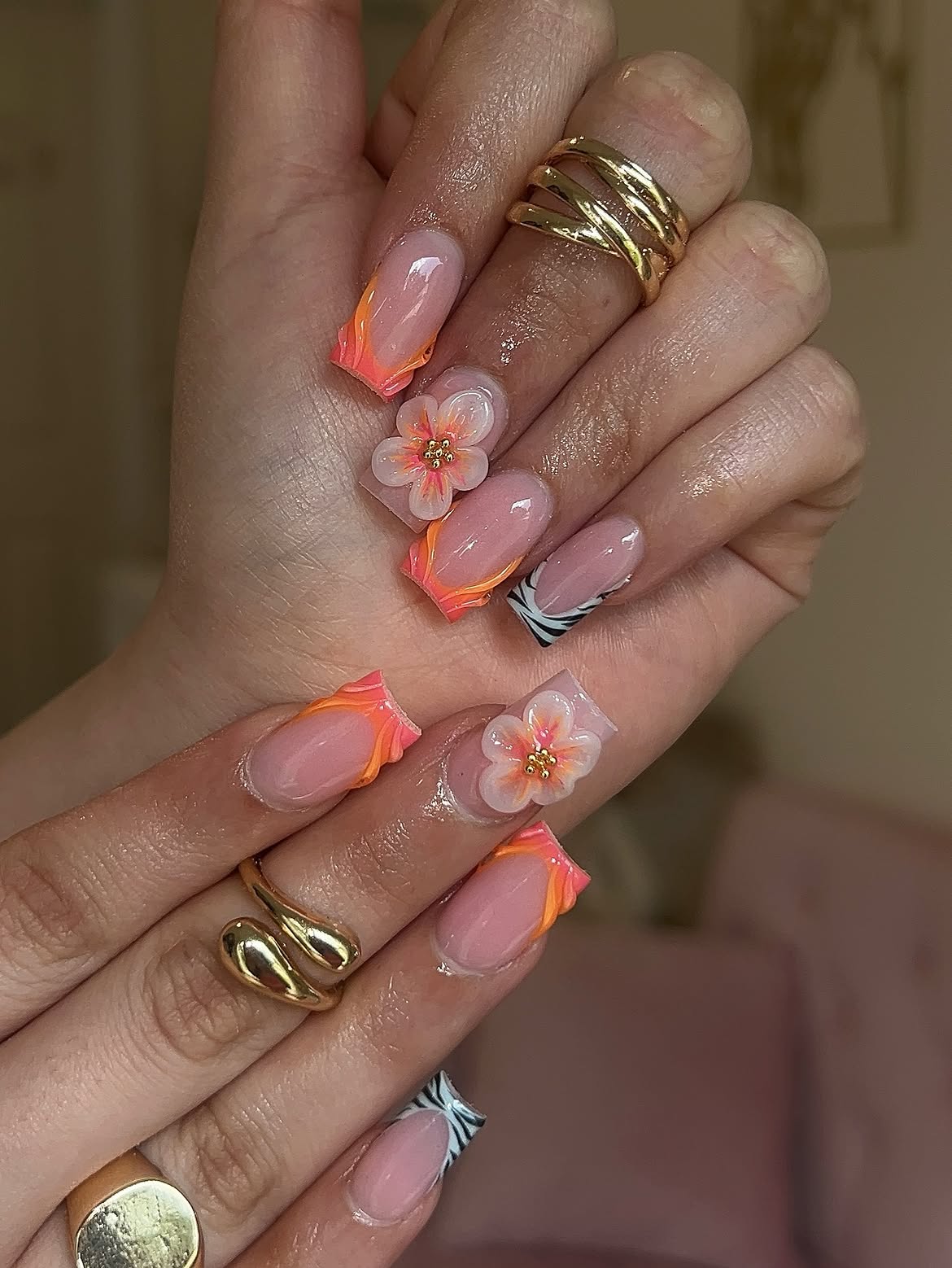 3D Floral French Tip Almond Nails