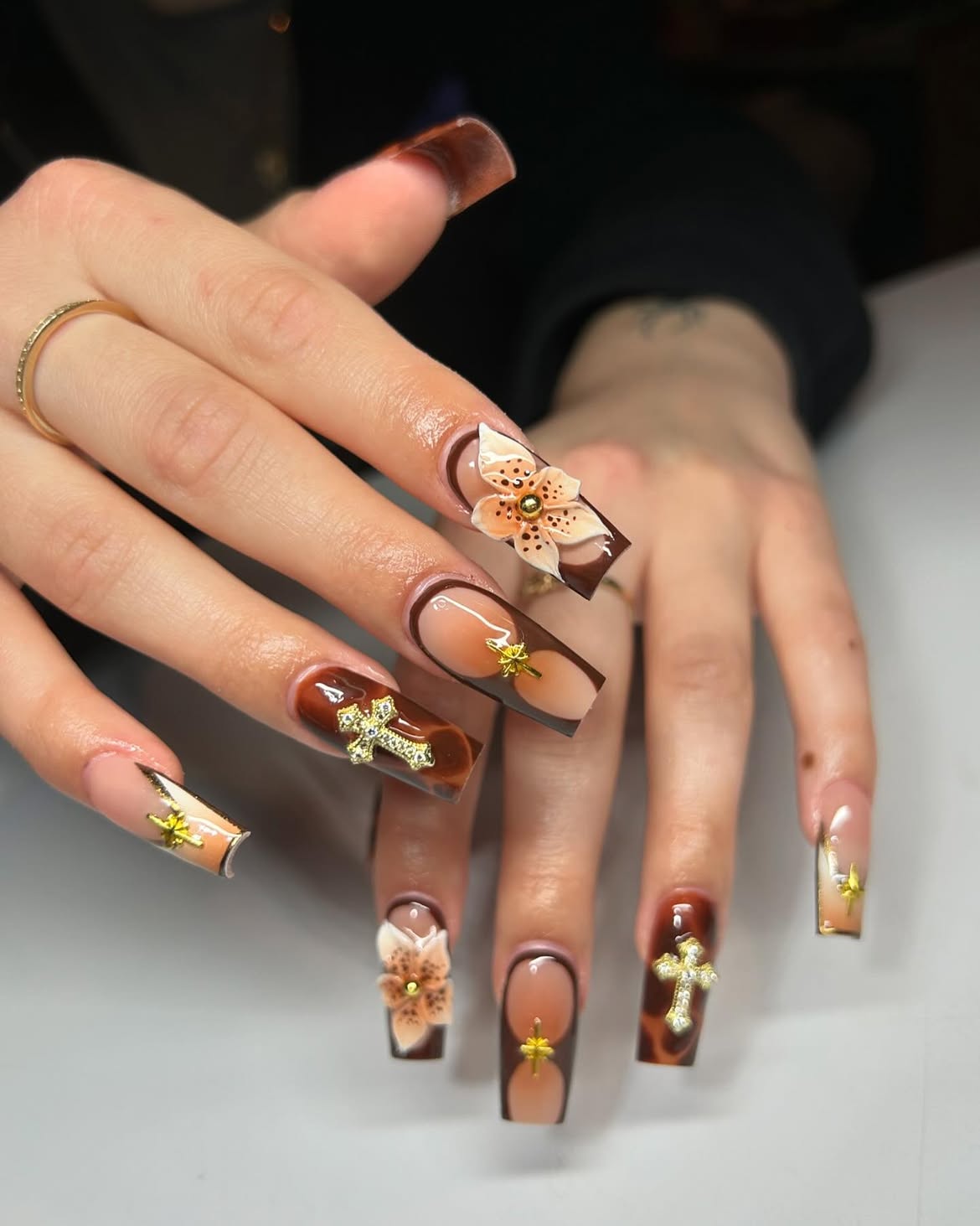 3D Floral French Tip Coffin Nails