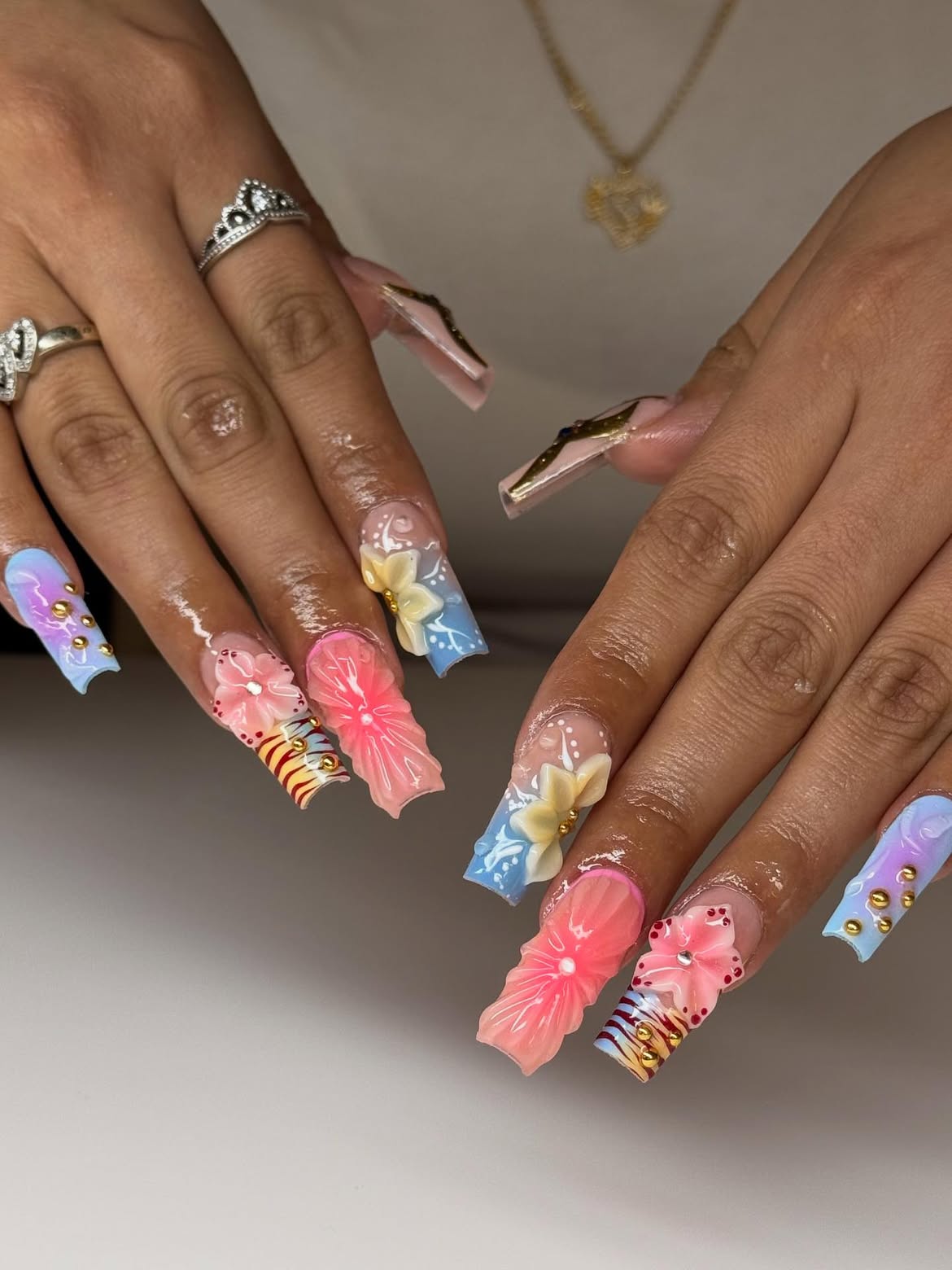 3D Floral Ombre Square Nails With Gold Accents