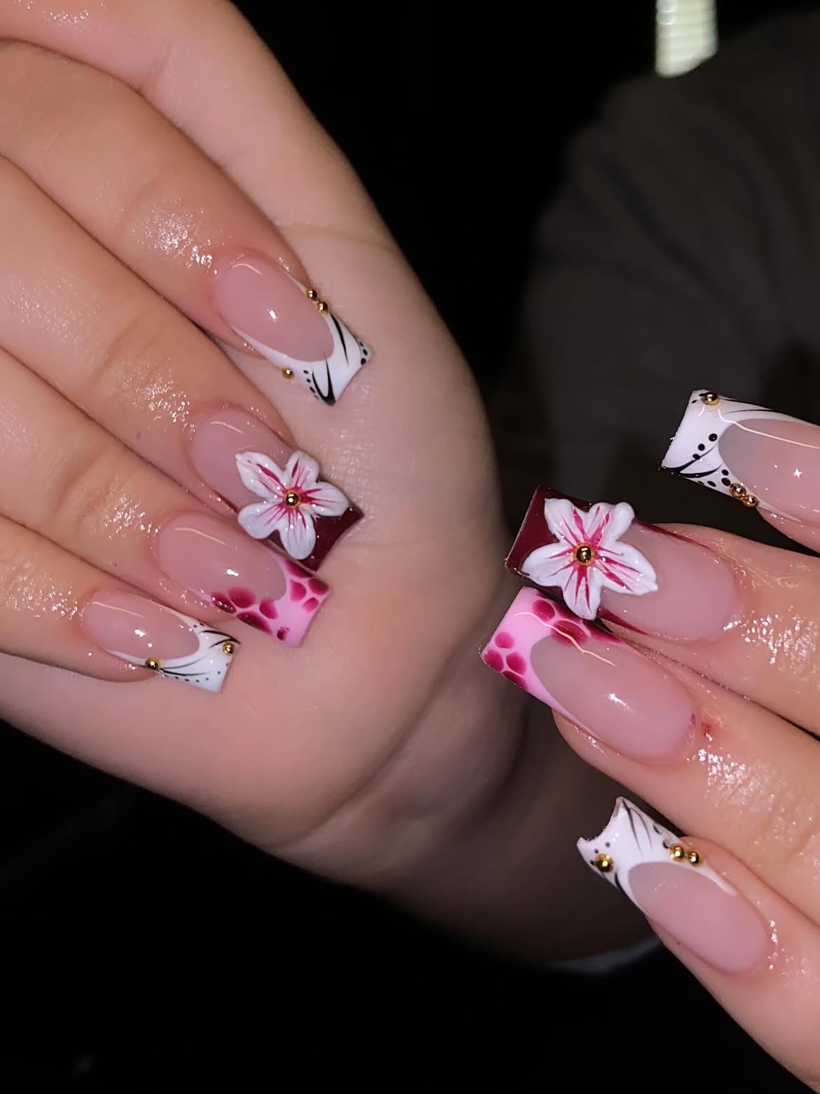 3D Flower French Tip Coffin Nails