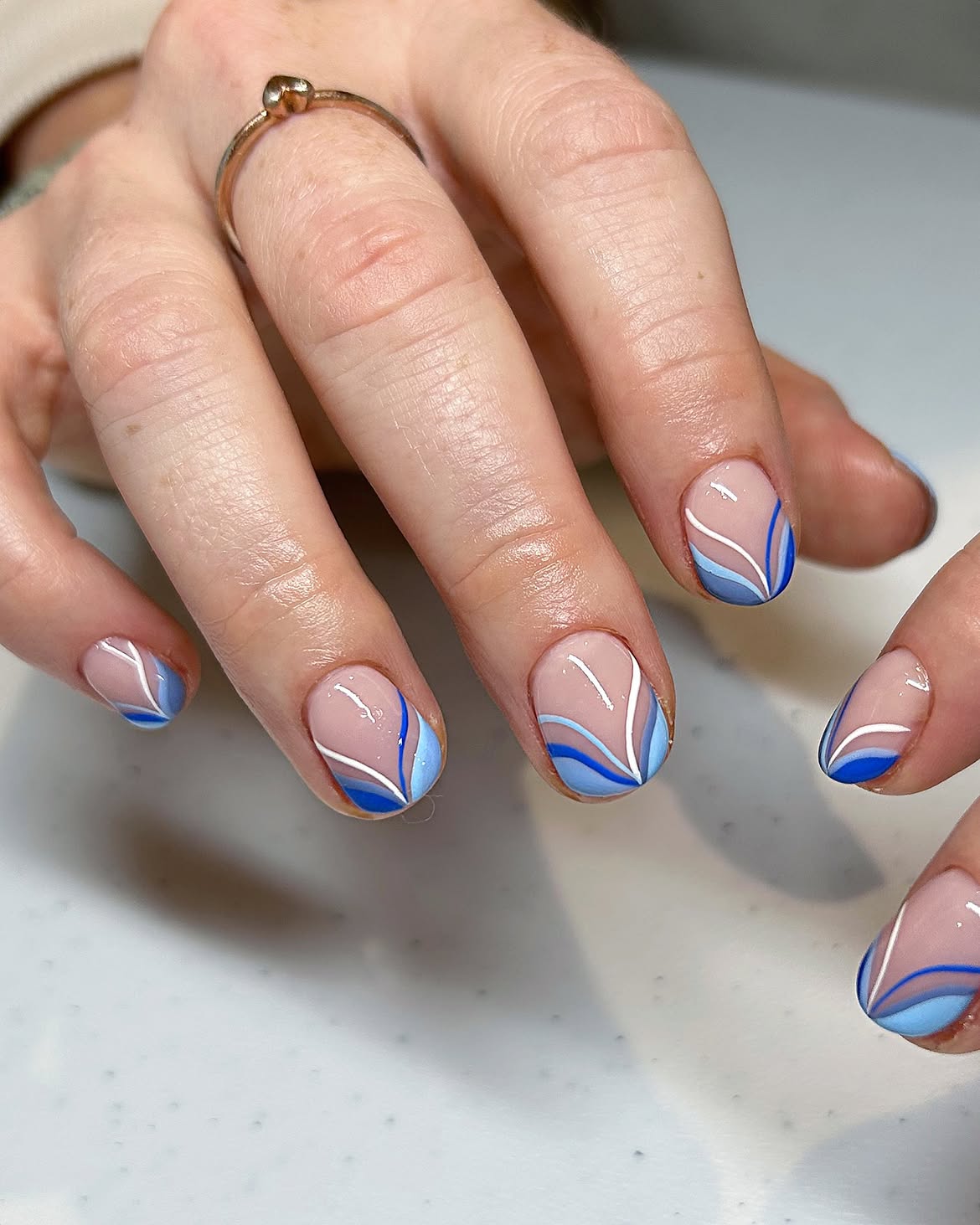 Abstract Blue Swirl French Tip Short Nails