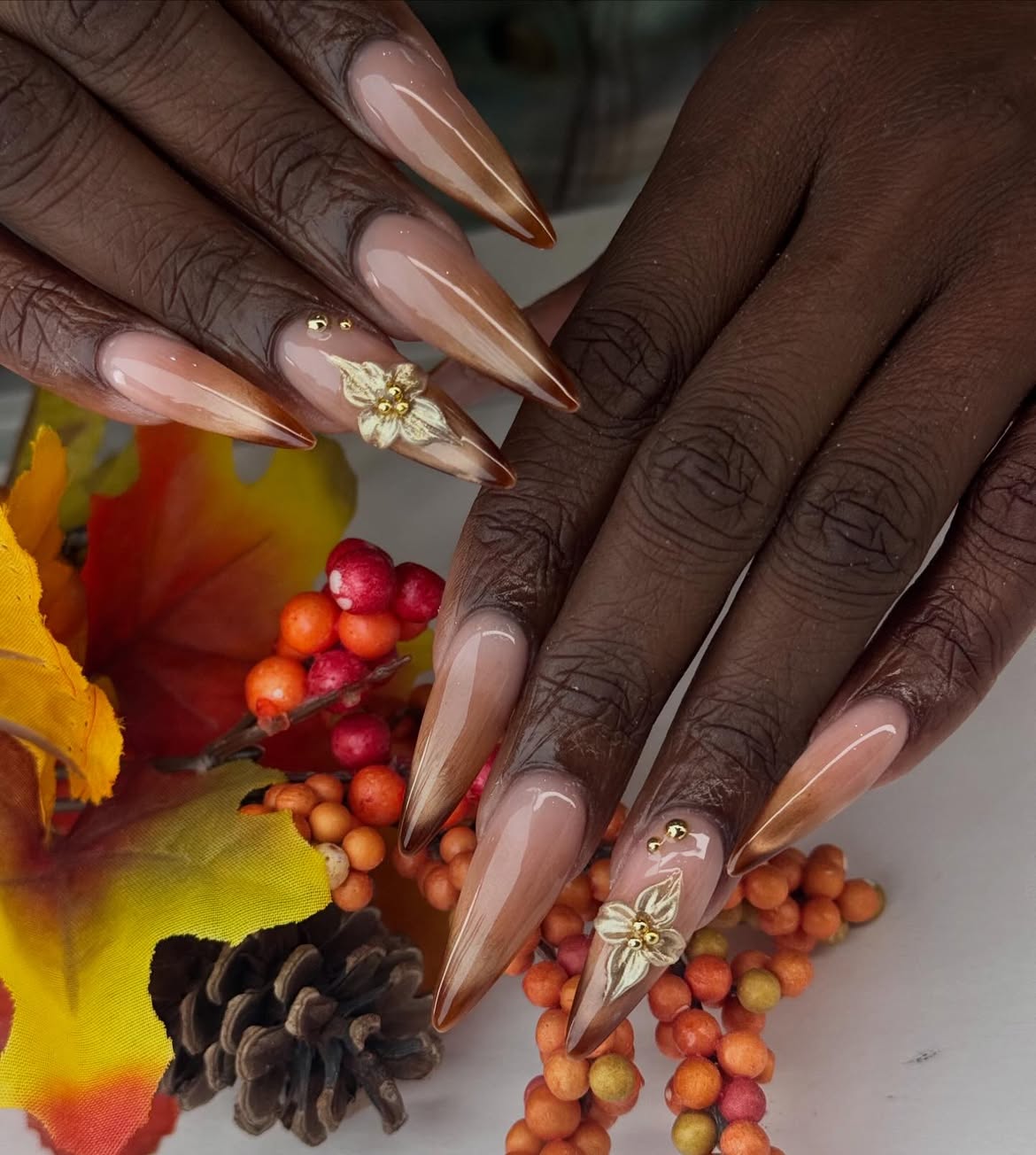 Amber Ombre Floral Stiletto Nails
