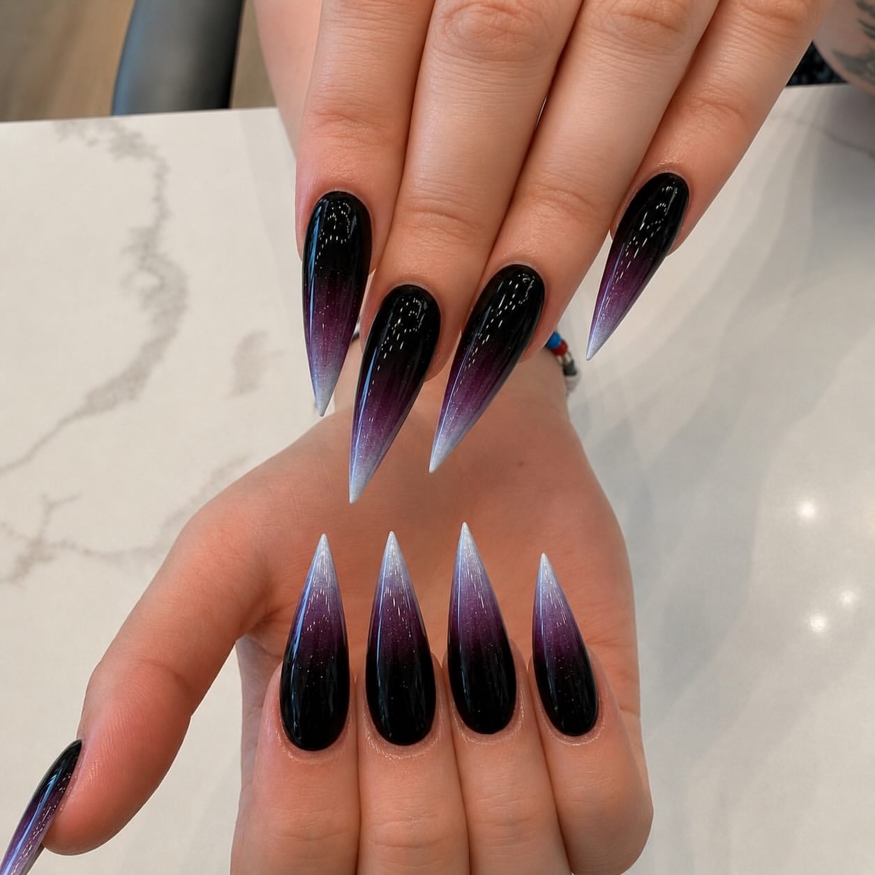 Amethyst Ombre Stiletto Nails with Glitter Fade